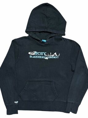 Vintage Y2K Roxy Black Logo Graphic Pullover Hoodie Size M Surf Skate Casual